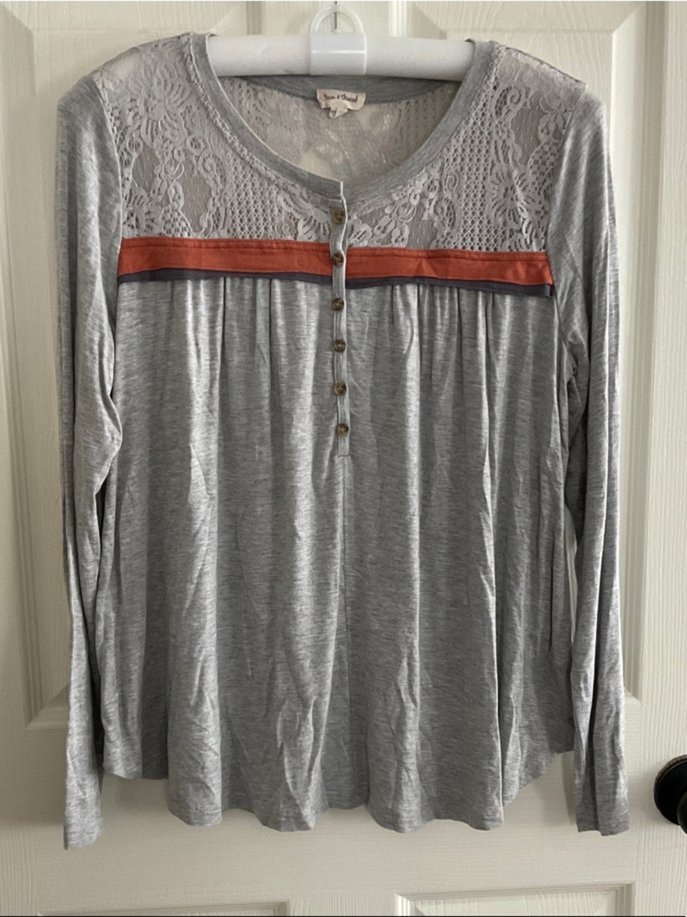 Hem & Thread Gray Long-Sleeve Lace Yoke Top with Rust Accent